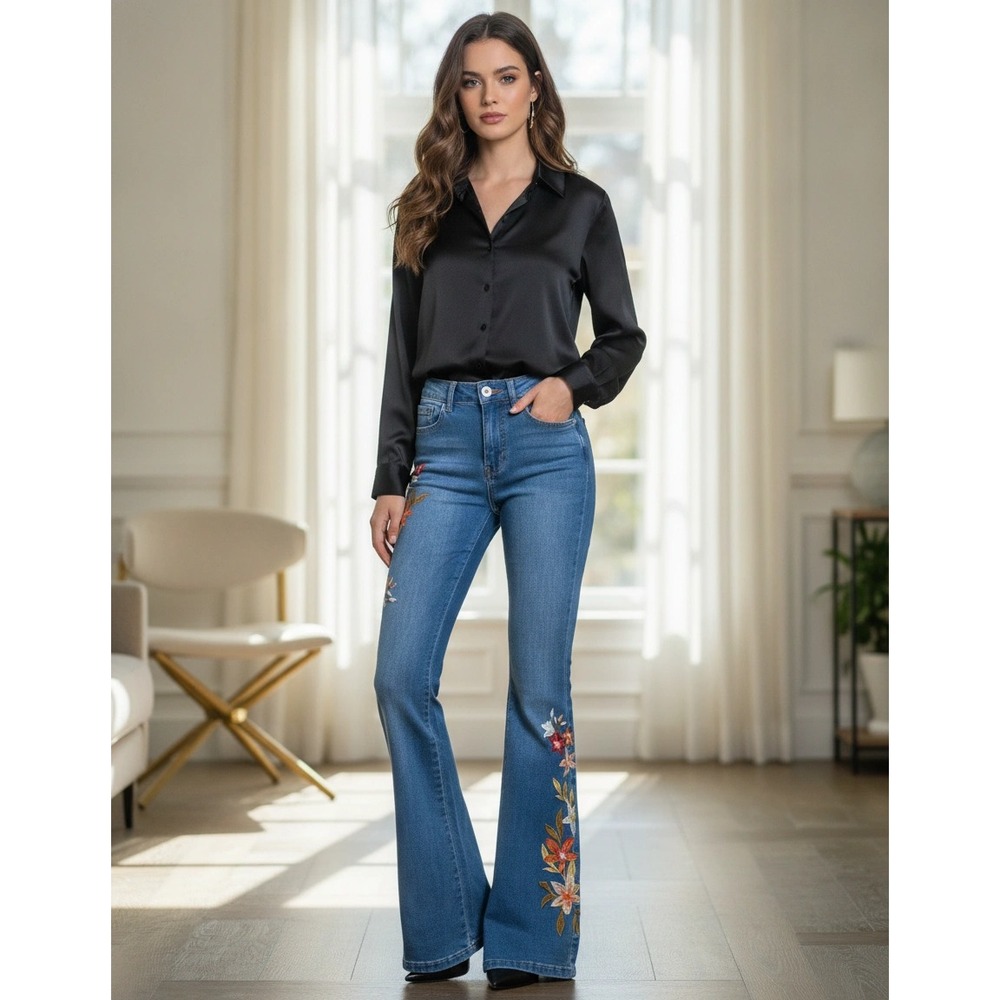 Telepatia Embroidered Flare Jeans Girls 00/23Blue Floral Boho Bell Bottom Denim
